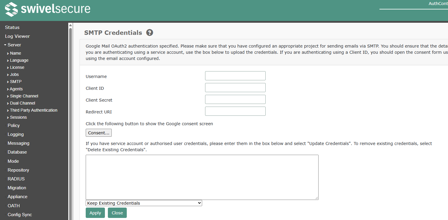 SMTP Server Credentials Configuration