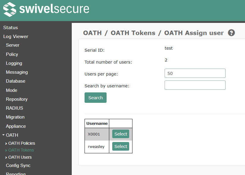 OATH Assign User Screen