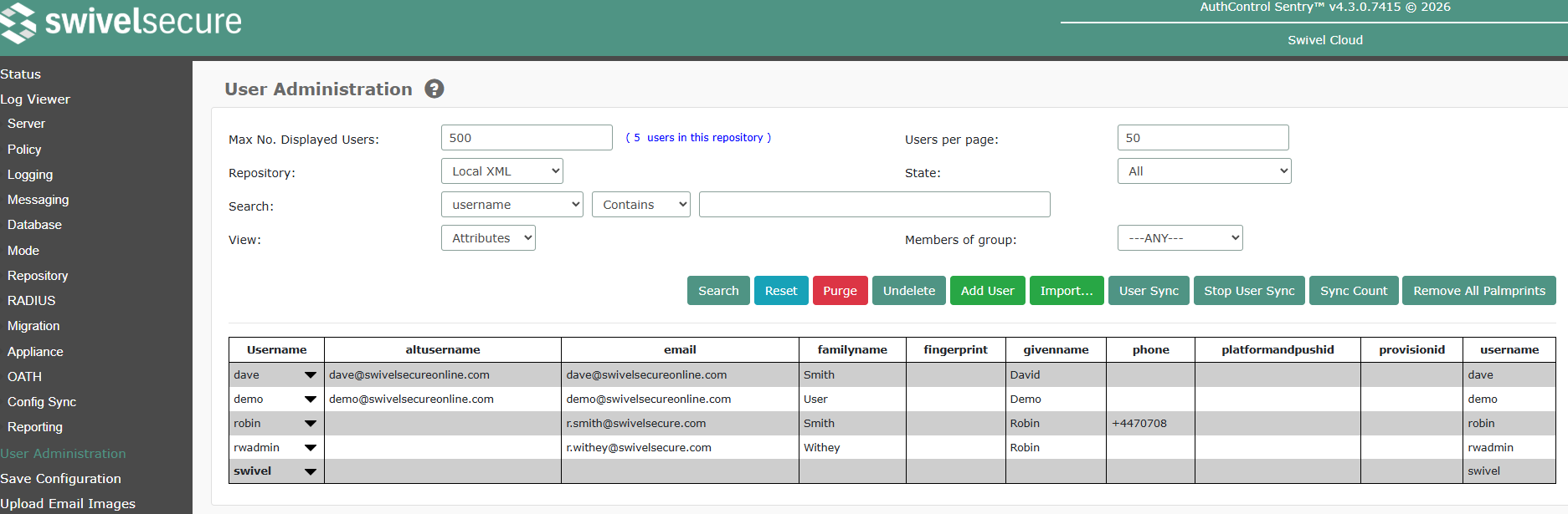 User Administration Attributes View
