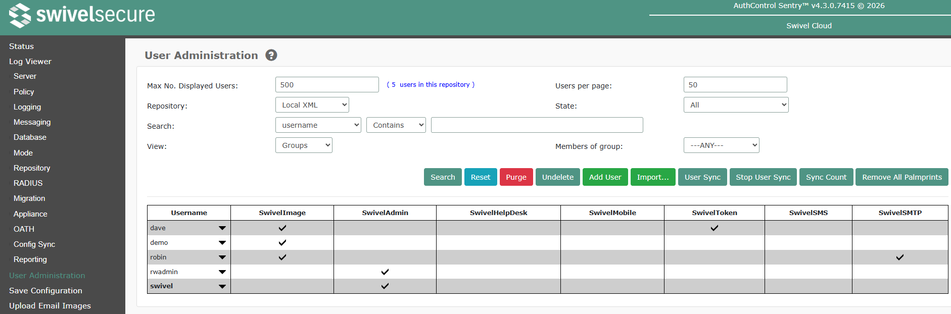 User Administration Groups View