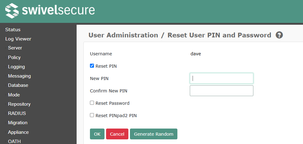Reset PIN Screen