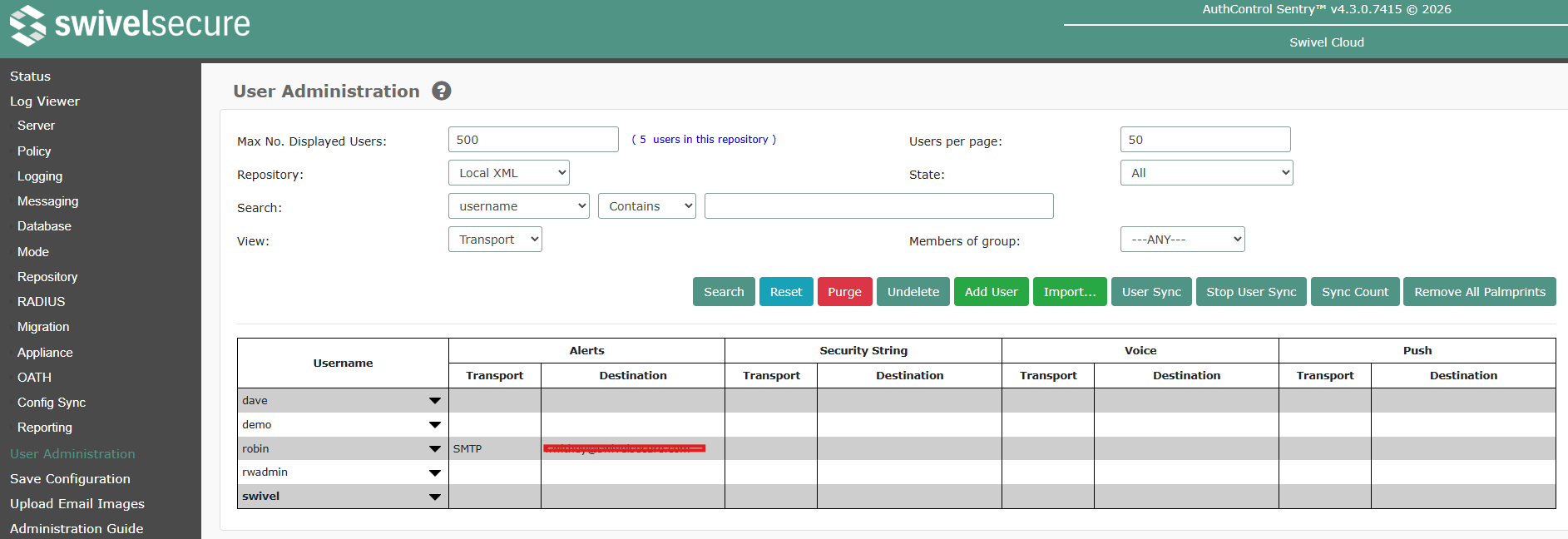 User Administration Transport View