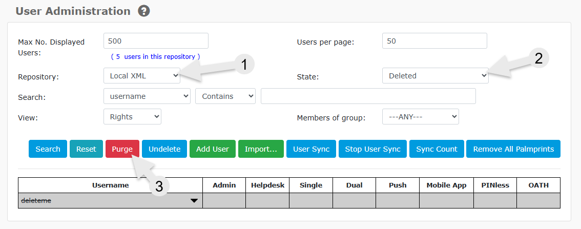 Screenshot showing the red Purge button